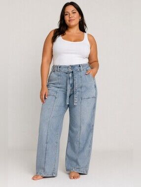 HUDSON Los Angeles Wide Leg Tie Waist Jeans Women's Size 18 Light Wash High Rise
